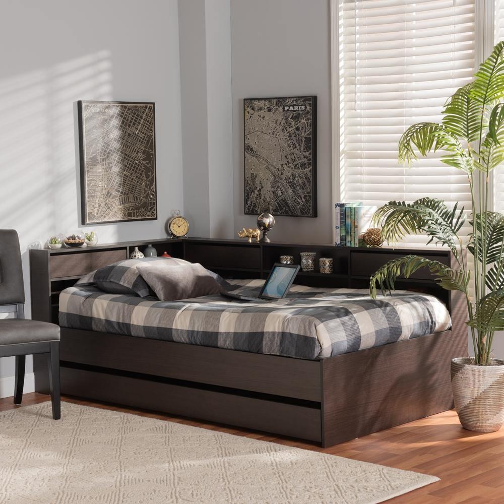 Faraday Modern and Contemporary Dark Brown Finished Wood Twin Size Platform Storage Corner Bed FredCo