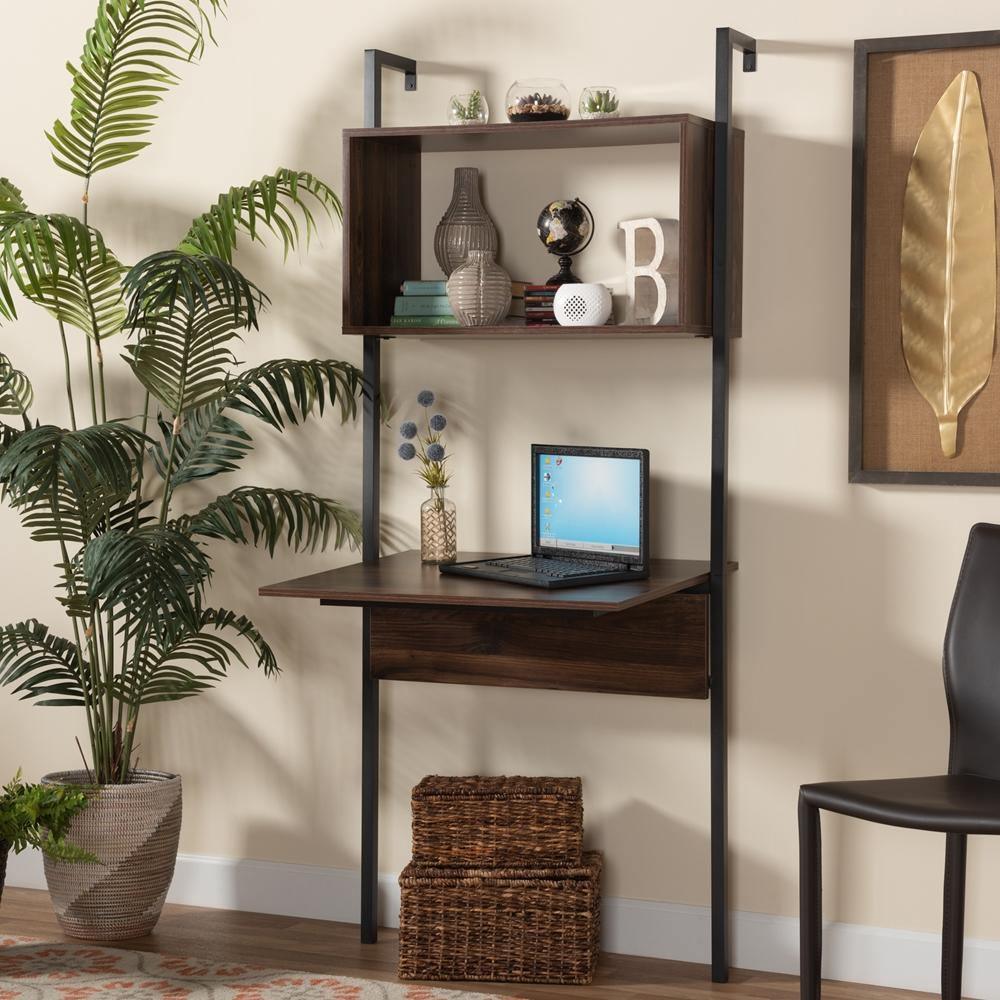 Fariat Modern Industrial Walnut Brown Finished Wood and Black Metal Display Shelf with Desk FredCo