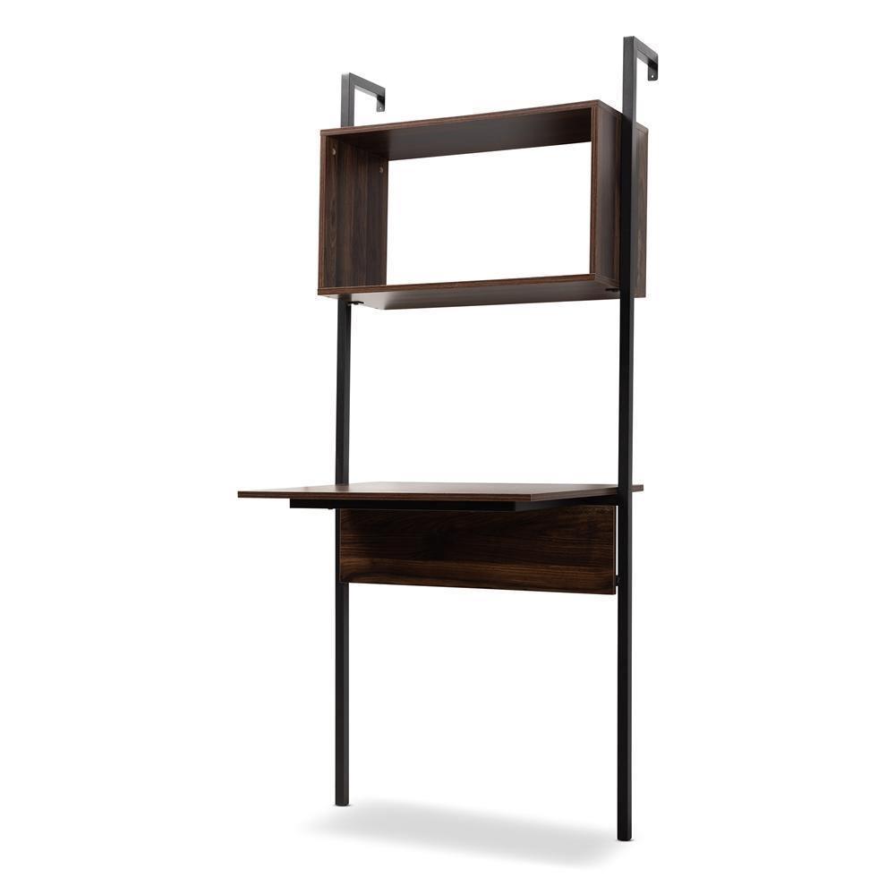 Fariat Modern Industrial Walnut Brown Finished Wood and Black Metal Display Shelf with Desk FredCo