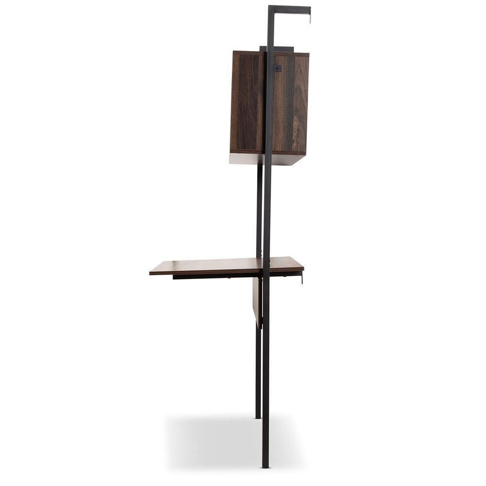 Fariat Modern Industrial Walnut Brown Finished Wood and Black Metal Display Shelf with Desk FredCo