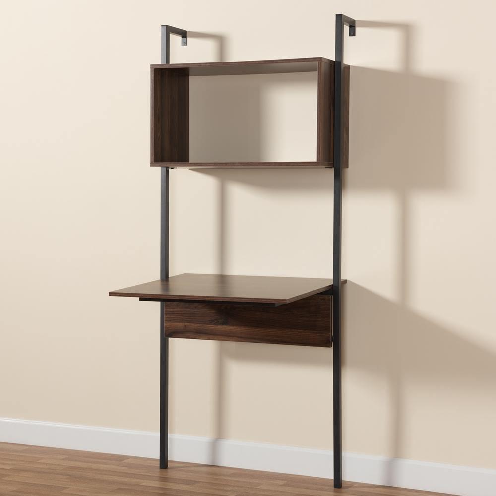 Fariat Modern Industrial Walnut Brown Finished Wood and Black Metal Display Shelf with Desk FredCo