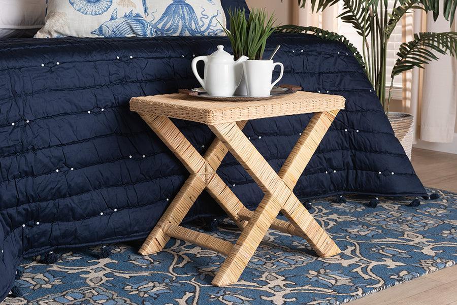 Farica Modern Bohemian Natural Rattan And Mahogany Accent Bench FredCo