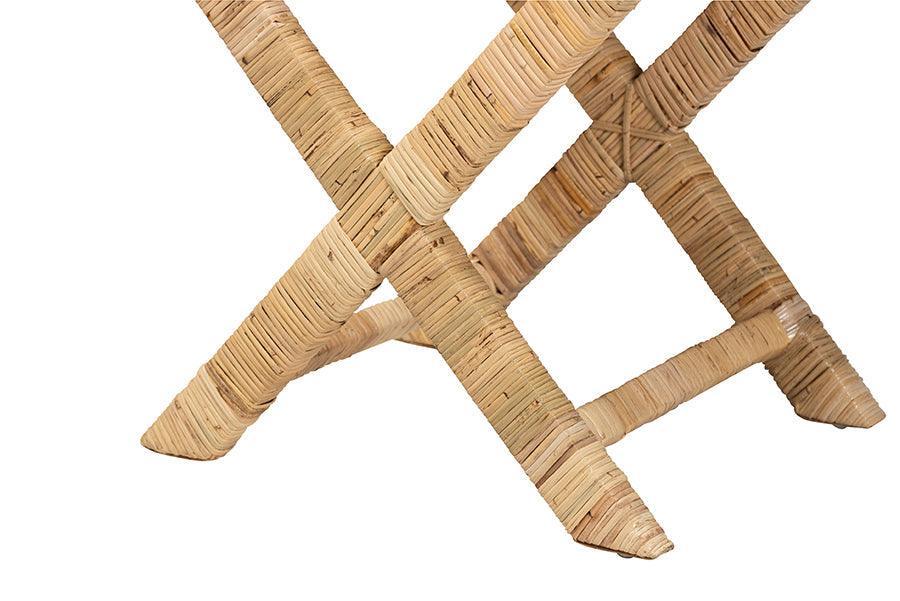 Farica Modern Bohemian Natural Rattan And Mahogany Accent Bench FredCo