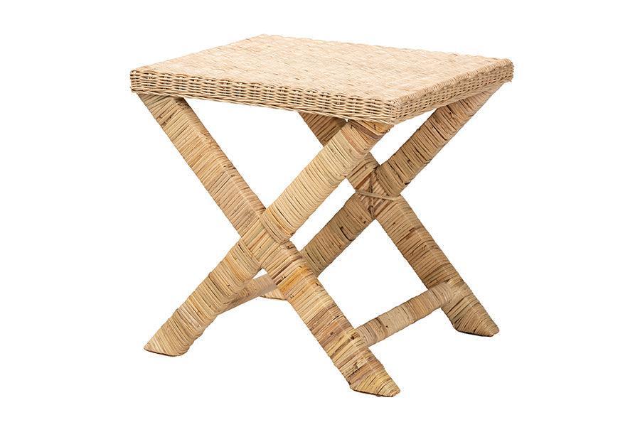 Farica Modern Bohemian Natural Rattan And Mahogany Accent Bench FredCo