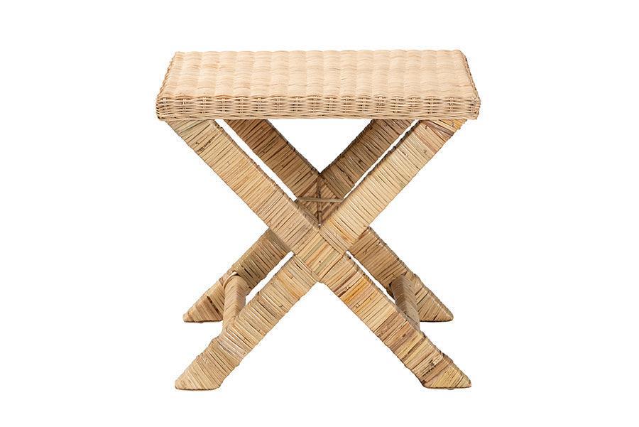 Farica Modern Bohemian Natural Rattan And Mahogany Accent Bench FredCo