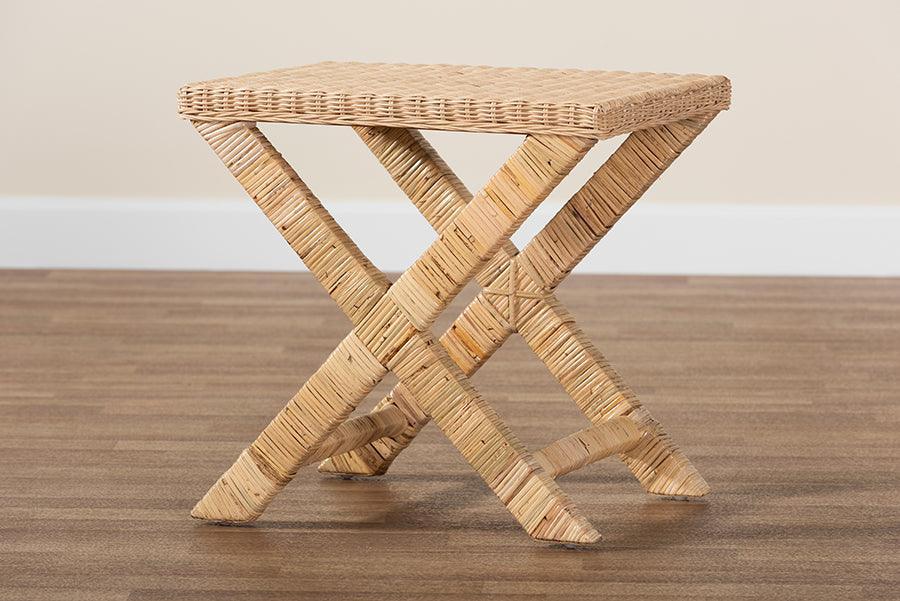 Farica Modern Bohemian Natural Rattan And Mahogany Accent Bench FredCo