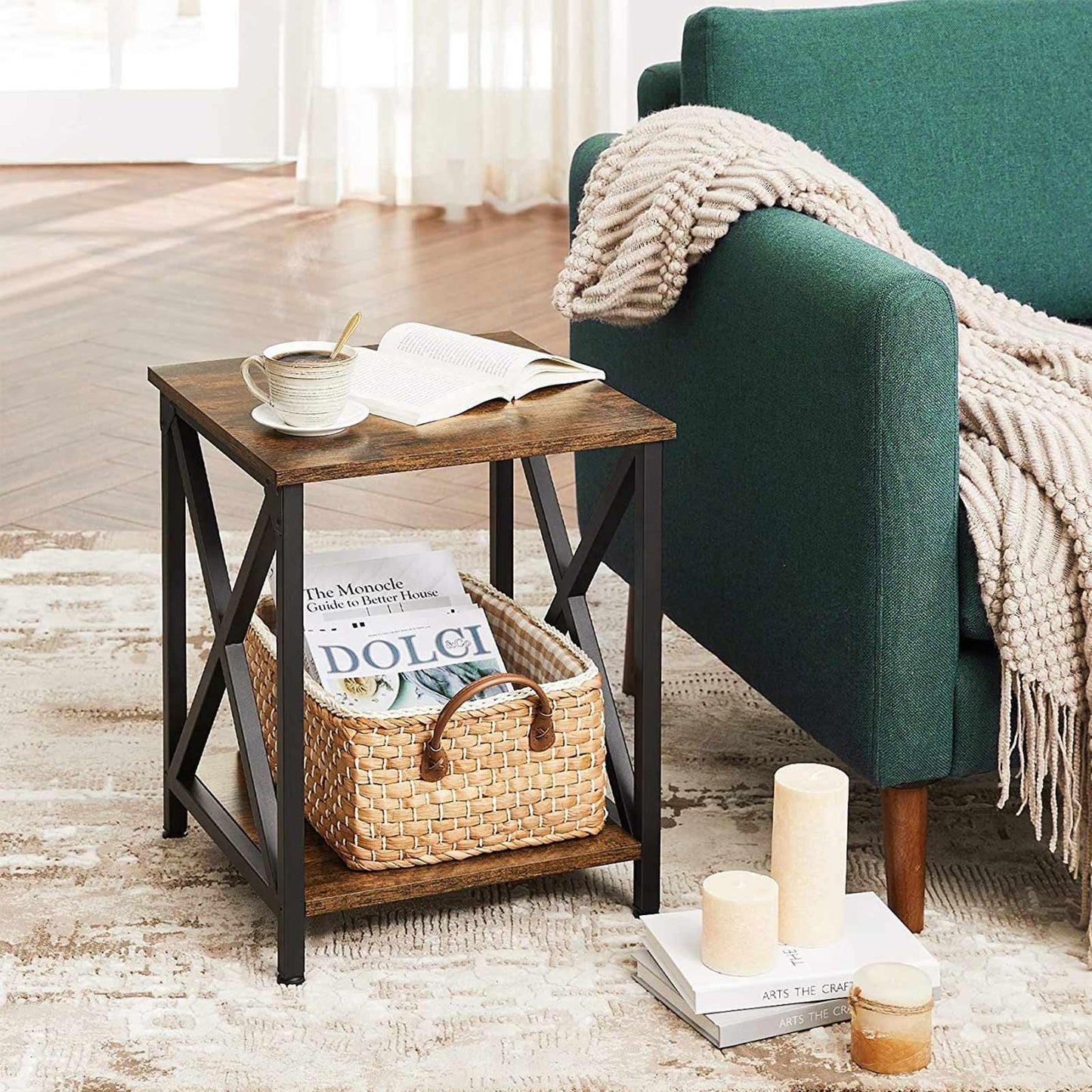 Farmhouse-style Rustic Brown & Black Side Table Nightstand FredCo