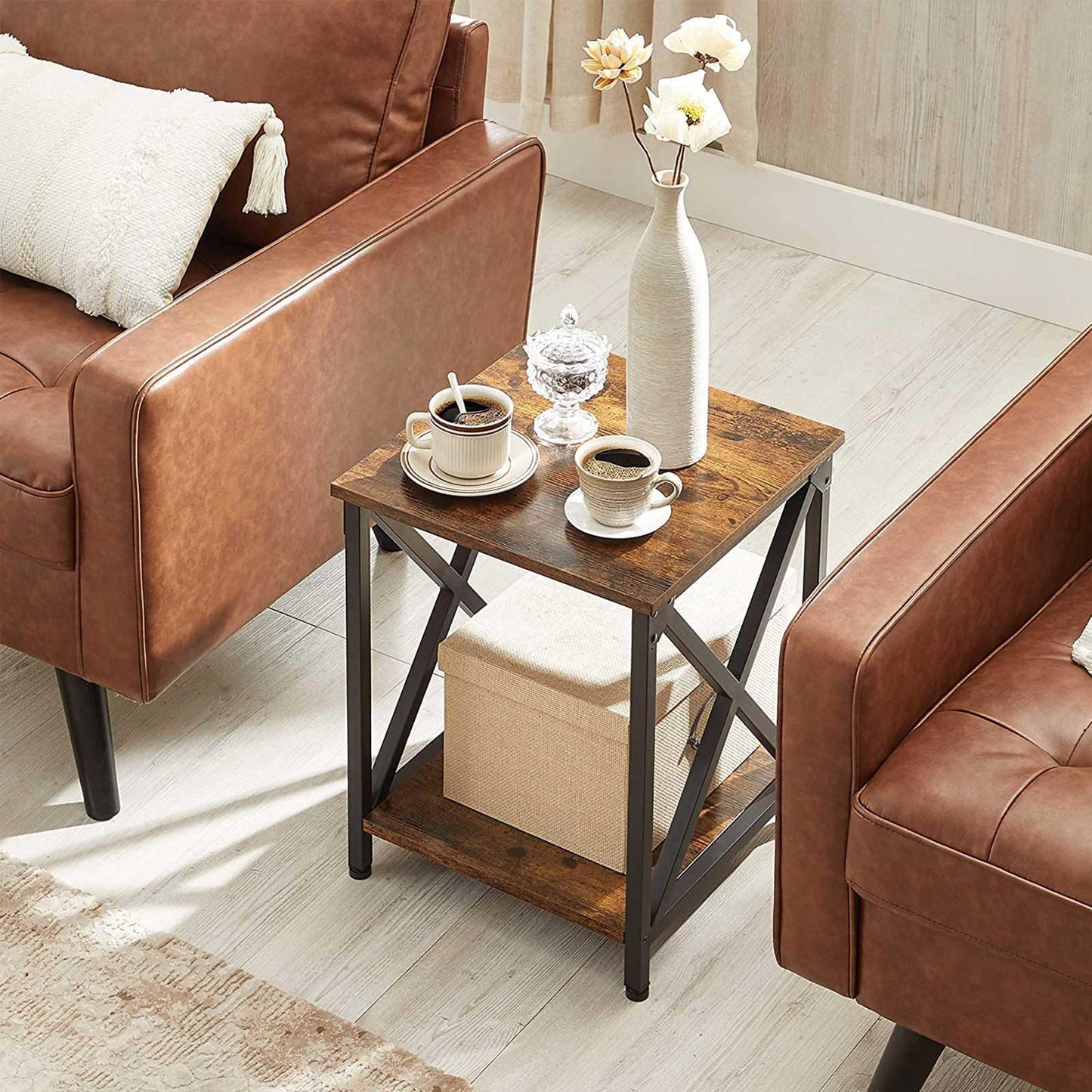 Farmhouse-style Rustic Brown & Black Side Table Nightstand FredCo