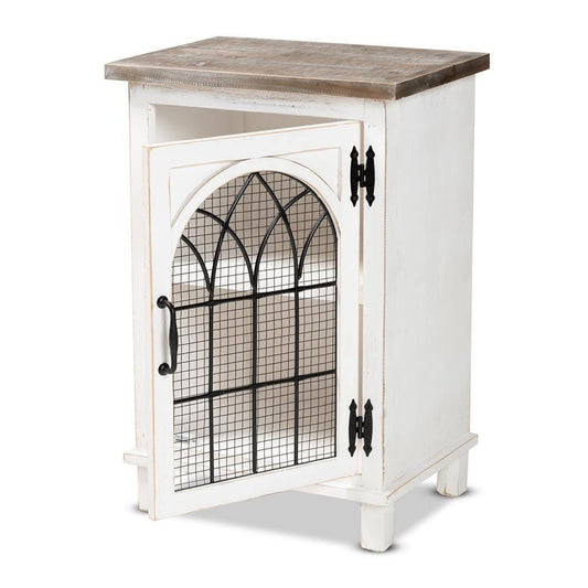 Faron Classic and Traditional Farmhouse Two-Tone Distressed White and Oak Brown Finished Wood 1-Door Nightstand FredCo