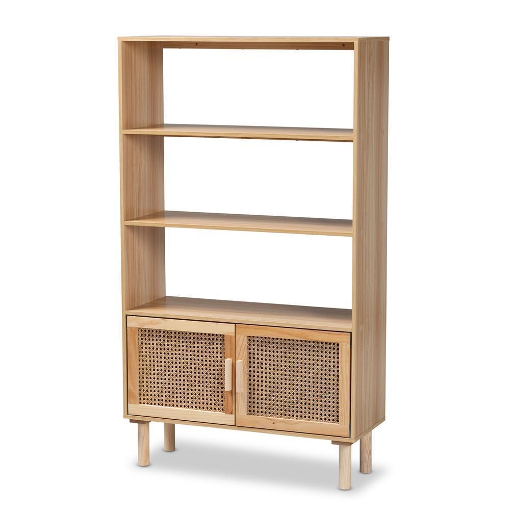 Faulkner Mid-Century Modern Natural Brown Finished Wood and Rattan 2-Door Bookcase FredCo