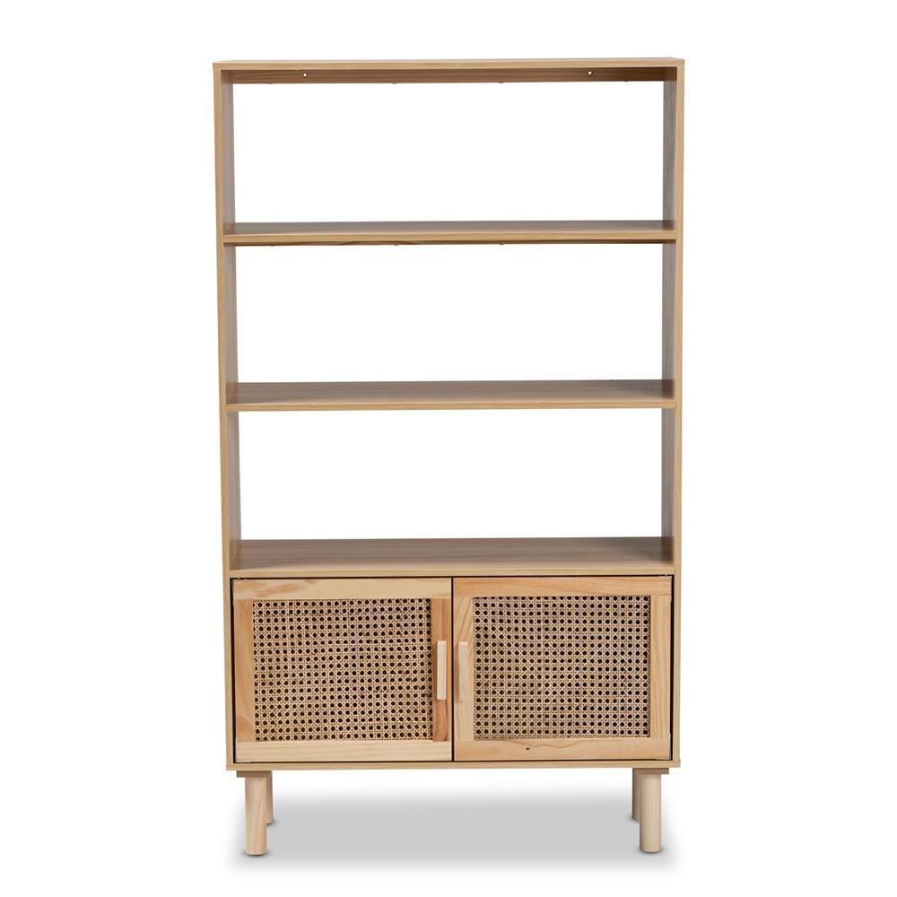 Faulkner Mid-Century Modern Natural Brown Finished Wood and Rattan 2-Door Bookcase FredCo