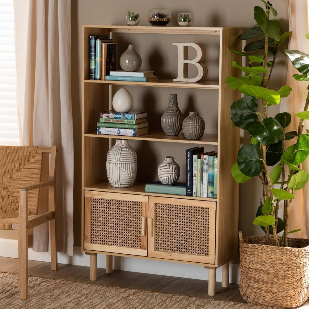 Faulkner Mid-Century Modern Natural Brown Finished Wood and Rattan 2-Door Bookcase FredCo