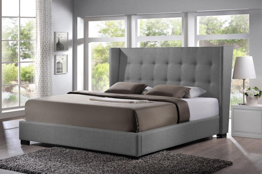 Favela Gray Linen Modern Bed with Upholstered Headboard - King Size FredCo
