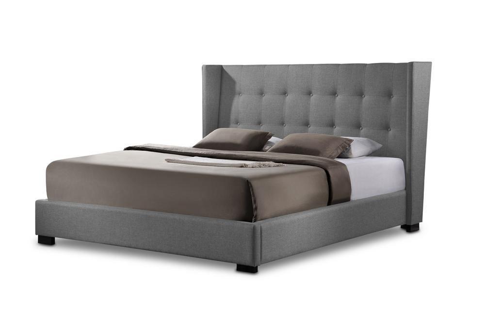 Favela Gray Linen Modern Bed with Upholstered Headboard - King Size FredCo