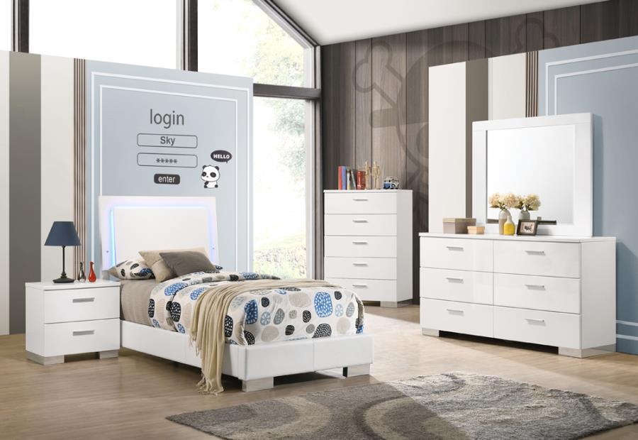 Felicity 4-piece Twin Bedroom Set with LED Lighting Glossy White Coaster FredCo
