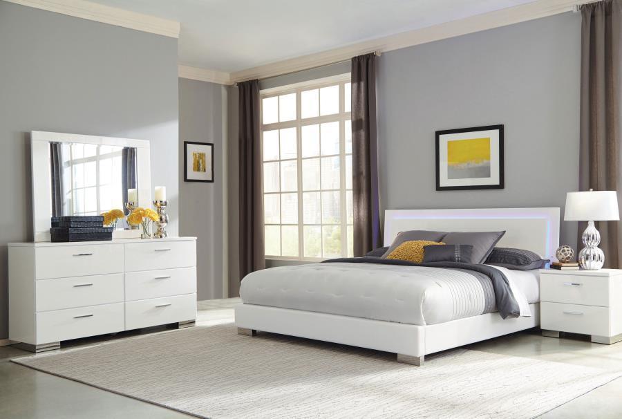 Felicity Bedroom Set with LED Light Headboard Glossy White Coaster Eastern King, 4 Piece FredCo