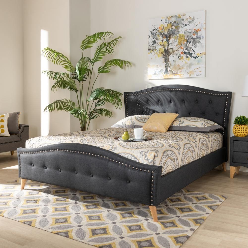 Felisa Modern and Contemporary Charcoal Grey Fabric Upholstered and Button Tufted Queen Size Platform Bed FredCo