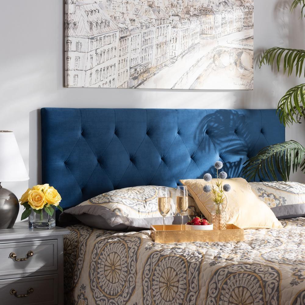 Felix Modern and Contemporary Navy Blue Velvet Fabric Upholstered King Size Headboard FredCo