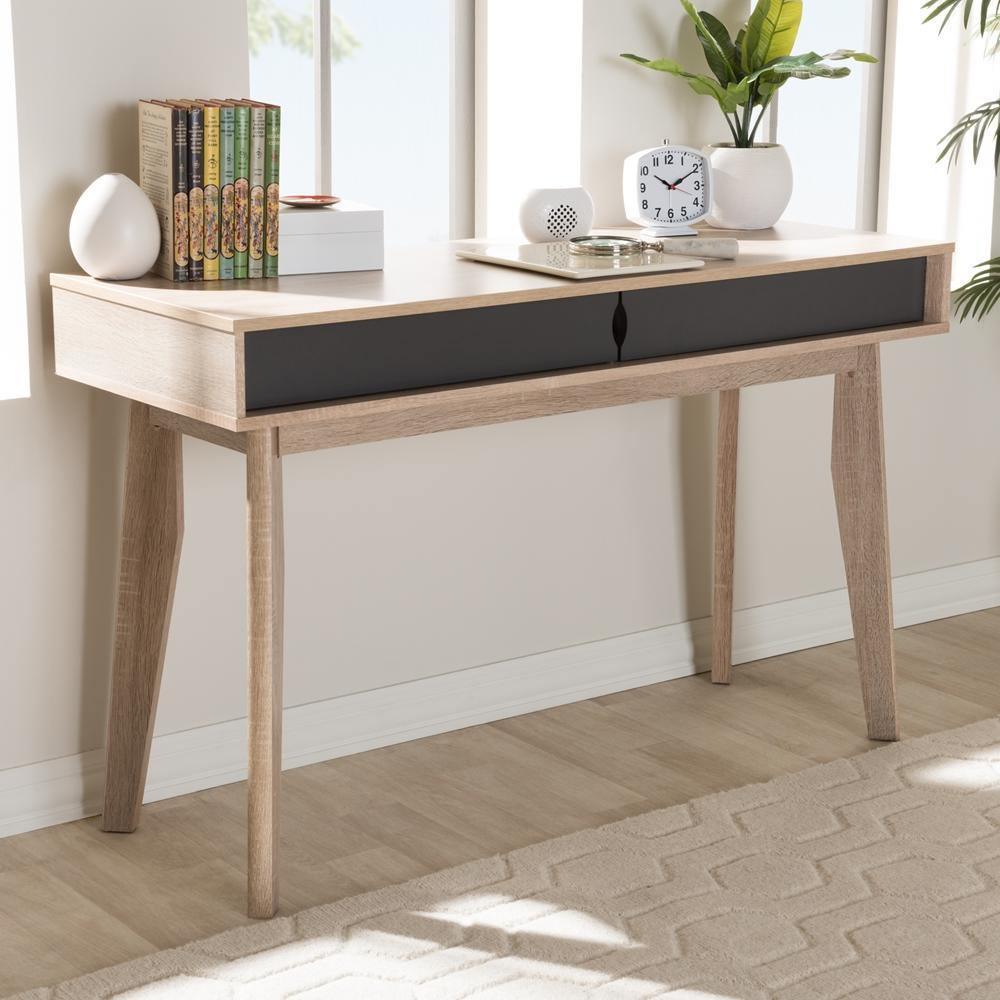 Fella Mid-Century Modern 2-Drawer Oak and Grey Wood Study Desk FredCo