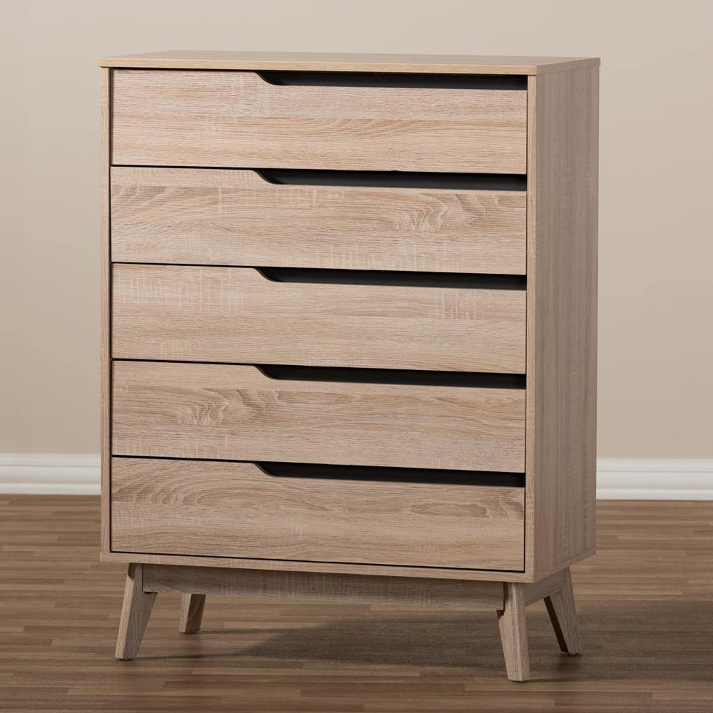 Fella Mid-Century Modern Two-Tone Oak and Grey Wood 5-Drawer Chest FredCo