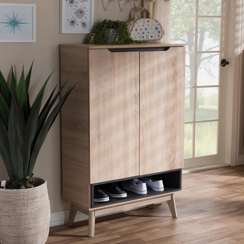 Fella Mid-Century Modern Two-Tone Oak and Grey Wood Shoe Cabinet FredCo