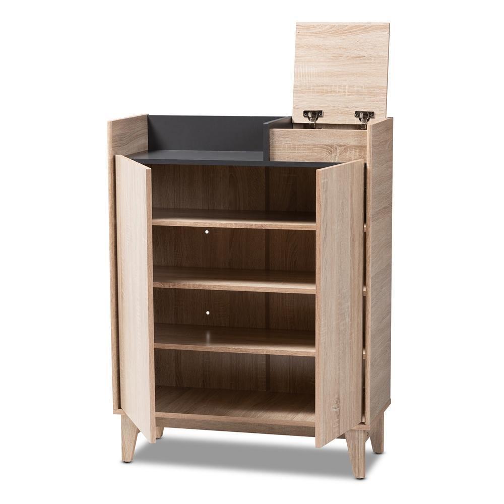 Fella Mid-Century Modern Two-Tone Oak Brown and Dark Gray Entryway Shoe Cabinet with Lift-Top Storage Compartment FredCo