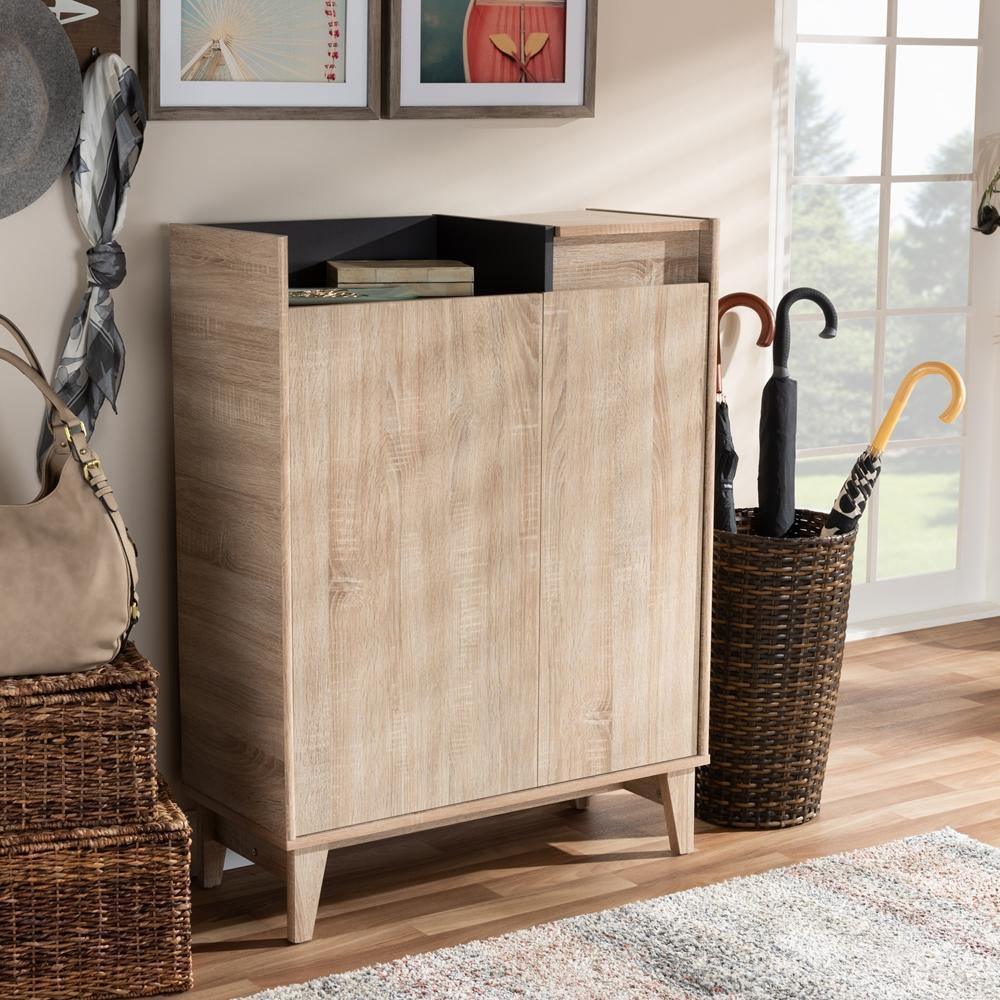 Fella Mid-Century Modern Two-Tone Oak Brown and Dark Gray Entryway Shoe Cabinet with Lift-Top Storage Compartment FredCo