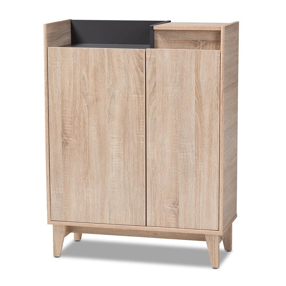 Fella Mid-Century Modern Two-Tone Oak Brown and Dark Gray Entryway Shoe Cabinet with Lift-Top Storage Compartment FredCo