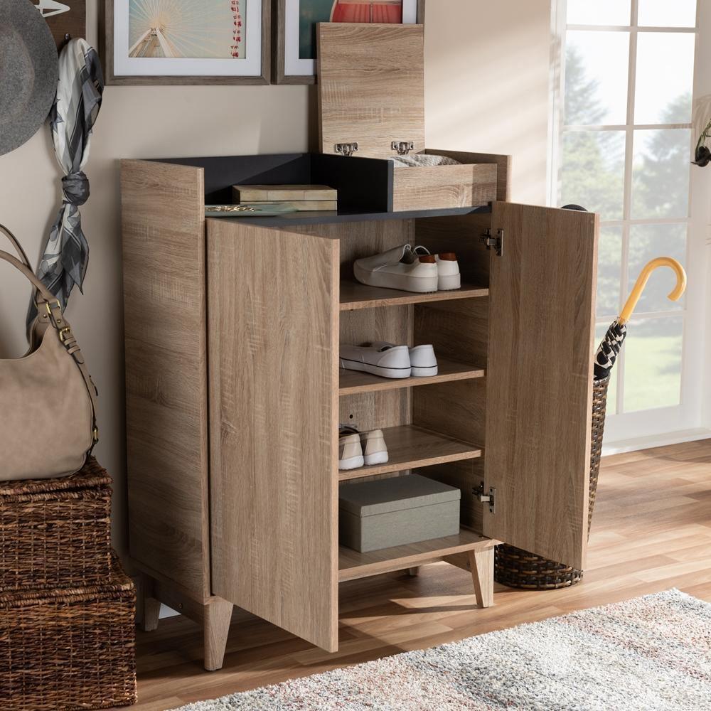 Fella Mid-Century Modern Two-Tone Oak Brown and Dark Gray Entryway Shoe Cabinet with Lift-Top Storage Compartment FredCo