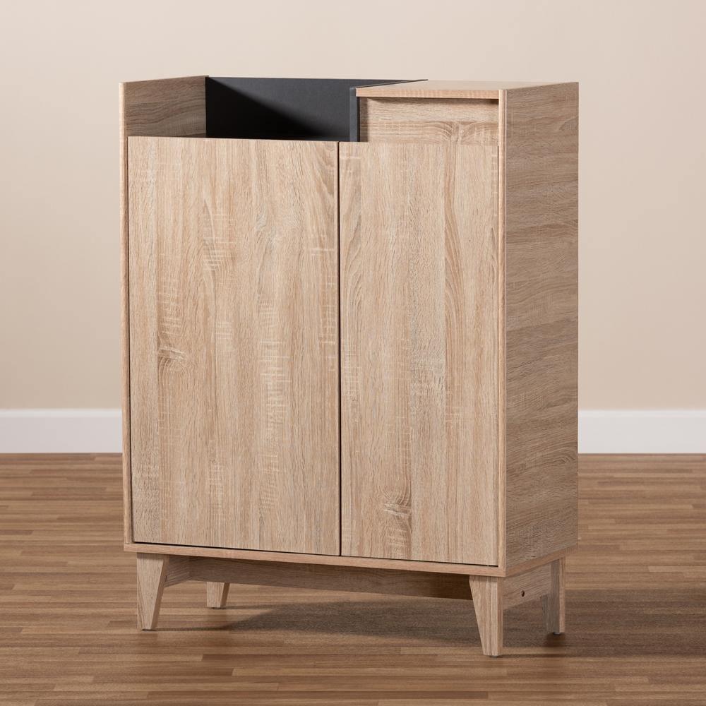 Fella Mid-Century Modern Two-Tone Oak Brown and Dark Gray Entryway Shoe Cabinet with Lift-Top Storage Compartment FredCo