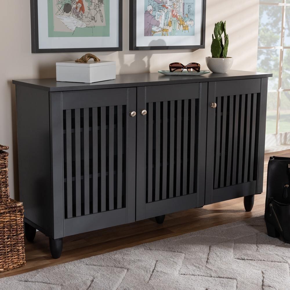 Fernanda Modern and Contemporary Dark Gray 3-Door Wooden Entryway Shoe Storage Wide Cabinet FredCo