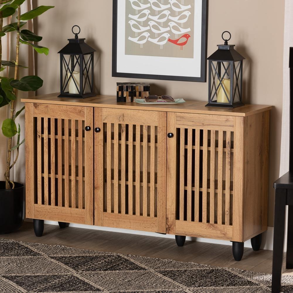 Fernanda Modern and Contemporary Oak Brown Finished Wood 3-Door Shoe Cabinet FredCo