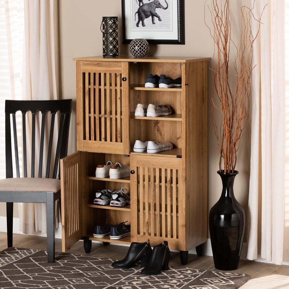 Fernanda Modern and Contemporary Oak Brown Finished Wood 4-Door Shoe Storage Cabinet FredCo