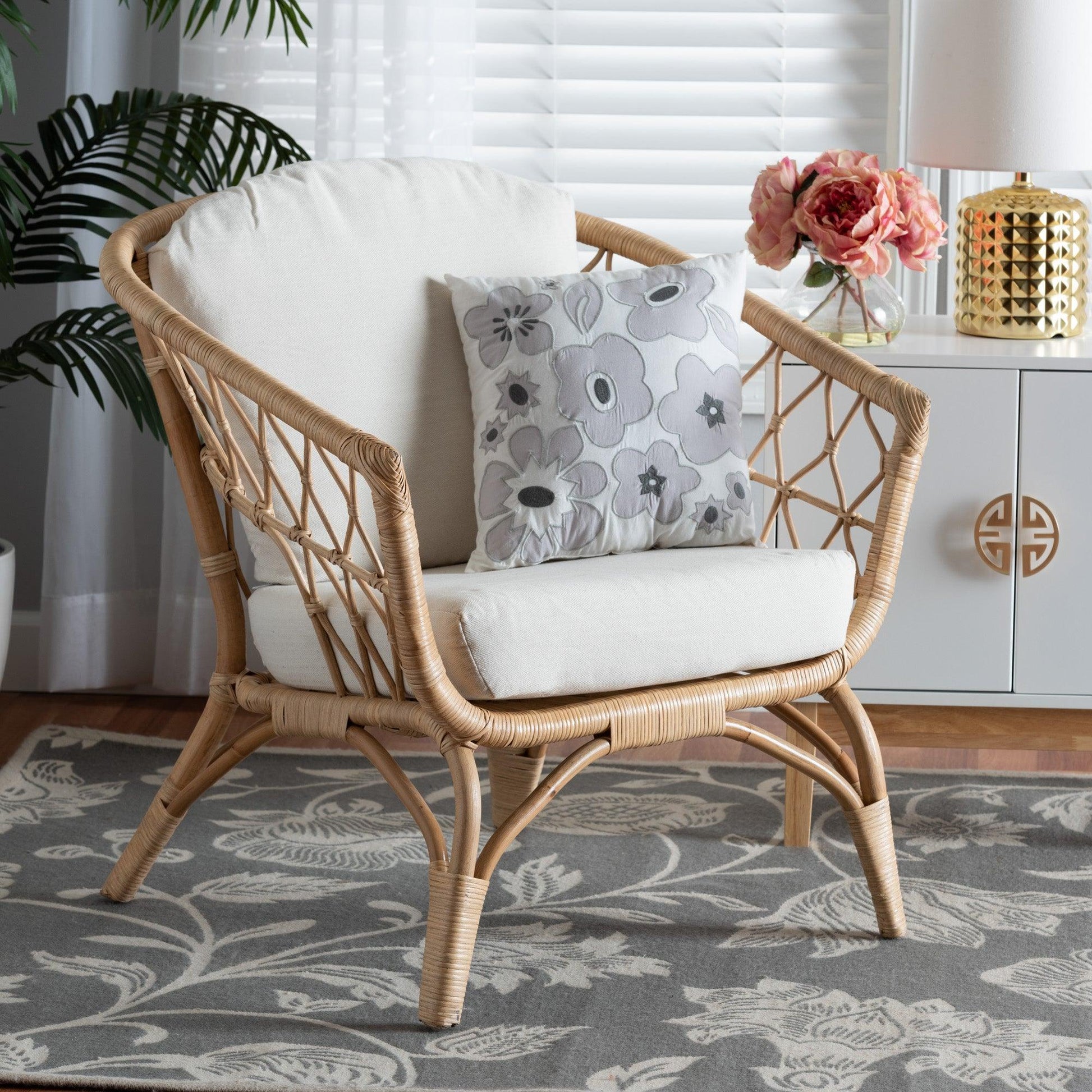 Feya Modern Bohemian Natural Brown Antique Rattan Armchair FredCo