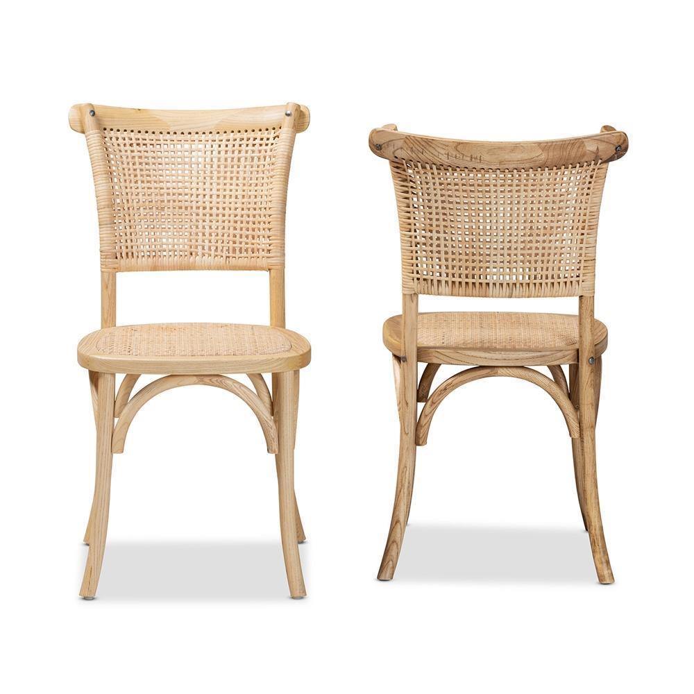 Fields Mid-Century Modern Brown Woven Rattan and Wood 2-Piece Cane Dining Chair Set FredCo
