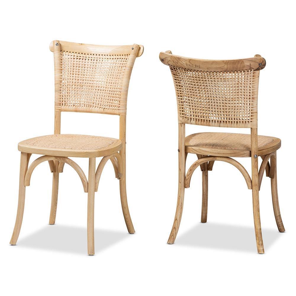 Fields Mid-Century Modern Brown Woven Rattan and Wood 2-Piece Cane Dining Chair Set FredCo