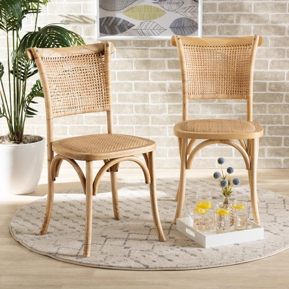Fields Mid-Century Modern Brown Woven Rattan and Wood 2-Piece Cane Dining Chair Set FredCo