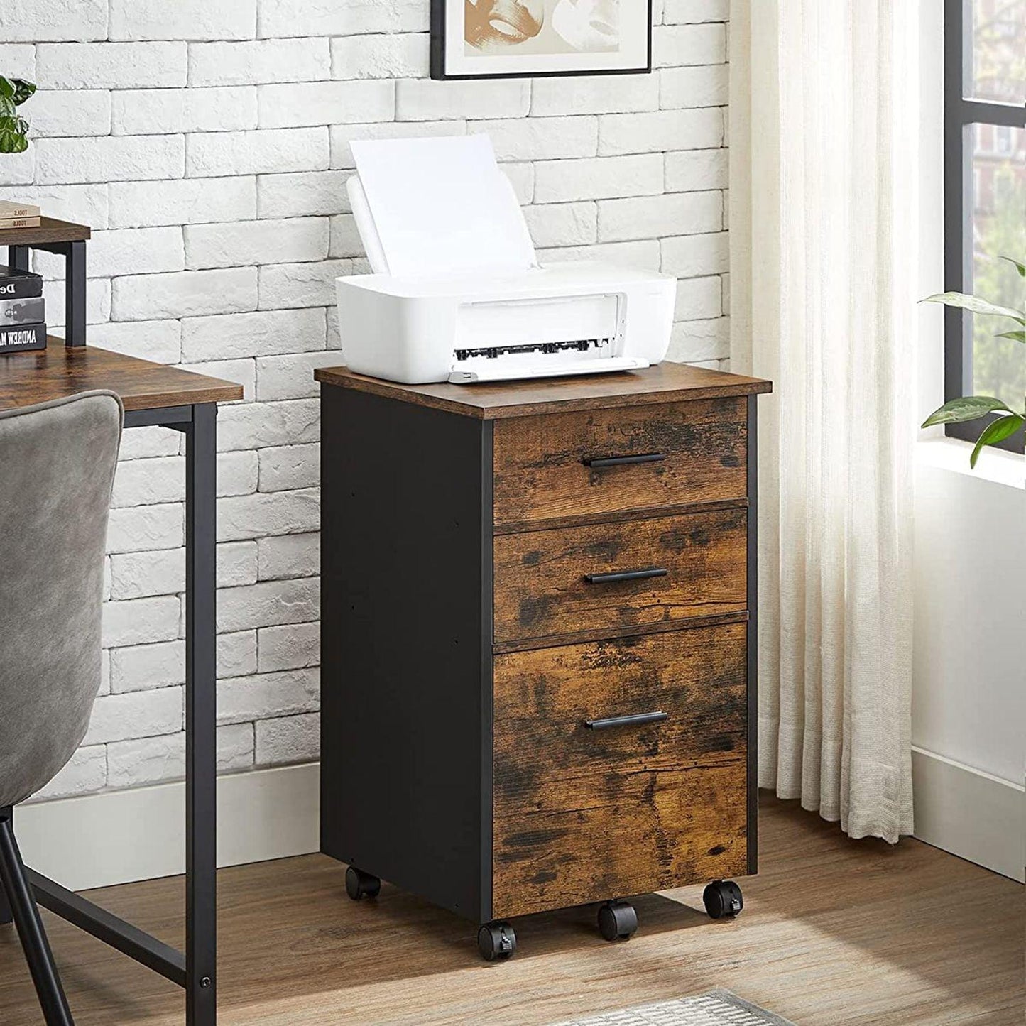 File Cabinet with 3 Drawers, Brown and Black FredCo