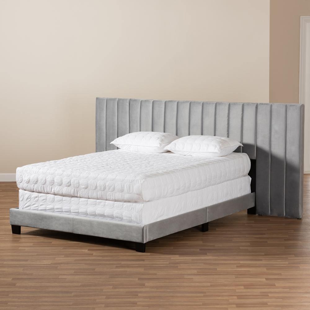 Fiorenza Glam and Luxe Grey Velvet Fabric Upholstered Queen Size Panel Bed with Extra Wide Channel Tufted Headboard FredCo