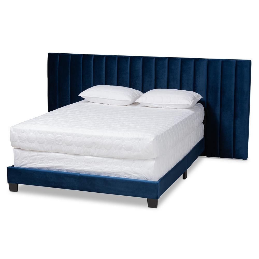 Fiorenza Glam and Luxe Navy Blue Velvet Fabric Upholstered Queen Size Panel Bed with Extra Wide Channel Tufted Headboard FredCo