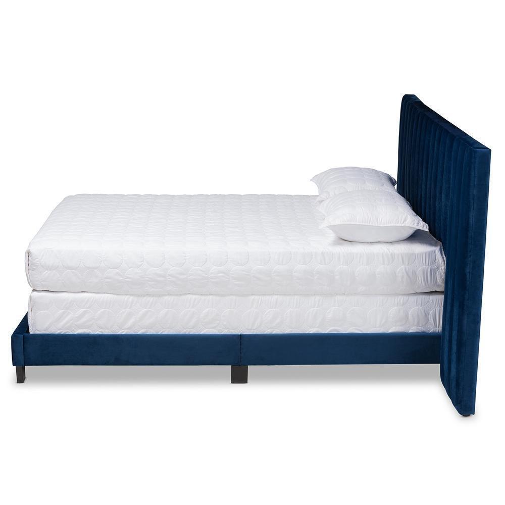 Fiorenza Glam and Luxe Navy Blue Velvet Fabric Upholstered Queen Size Panel Bed with Extra Wide Channel Tufted Headboard FredCo