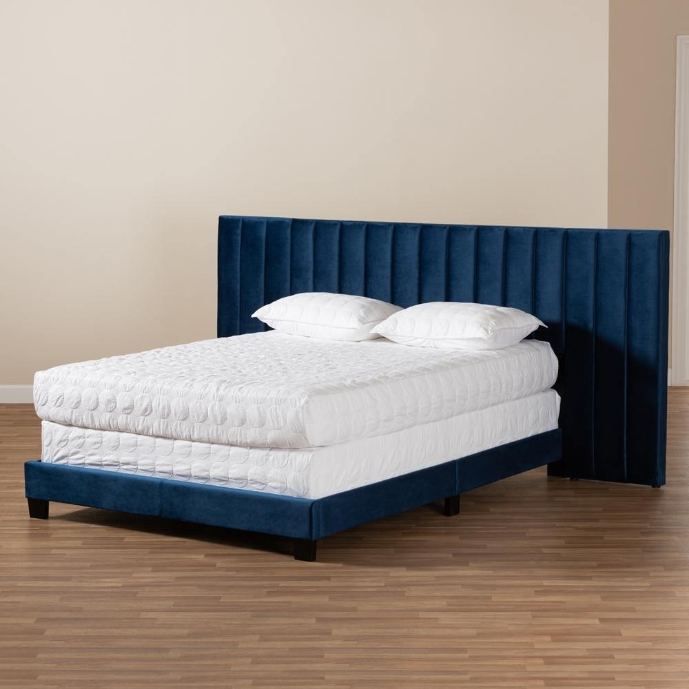 Fiorenza Glam and Luxe Navy Blue Velvet Fabric Upholstered Queen Size Panel Bed with Extra Wide Channel Tufted Headboard FredCo