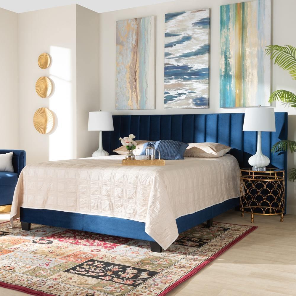 Fiorenza Glam and Luxe Navy Blue Velvet Fabric Upholstered Queen Size Panel Bed with Extra Wide Channel Tufted Headboard FredCo