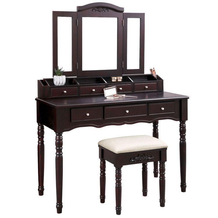Folded Mirror Vanity Set Black with Stool FredCo