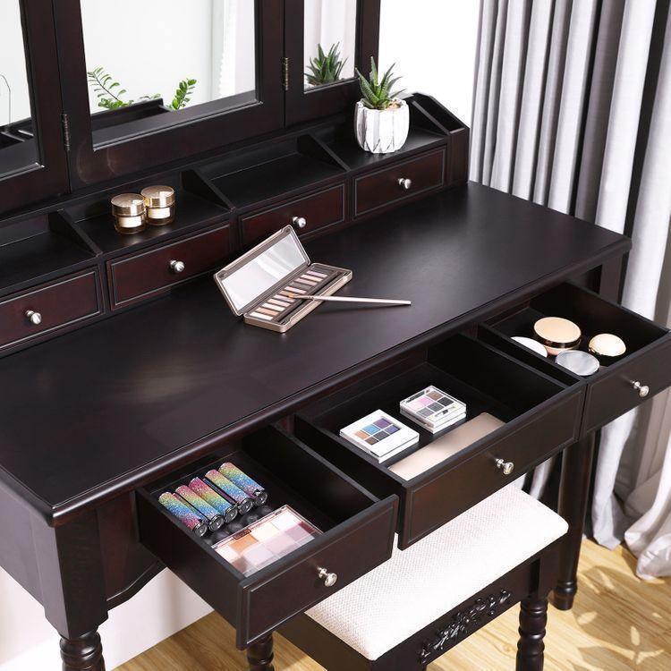 Folded Mirror Vanity Set Black with Stool FredCo