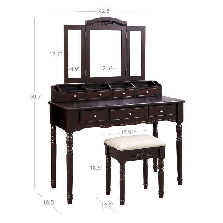 Folded Mirror Vanity Set Black with Stool FredCo