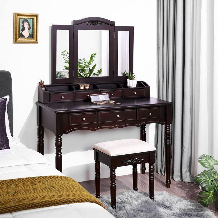 Folded Mirror Vanity Set Black with Stool FredCo
