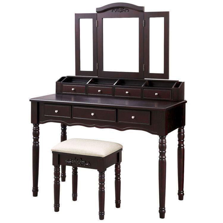 Folded Mirror Vanity Set Black with Stool FredCo