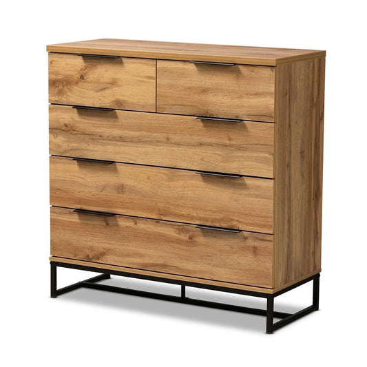 Franklin Modern and Contemporary Oak Finished Wood and Black Finished Metal 5-Drawer Bedroom Chest FredCo