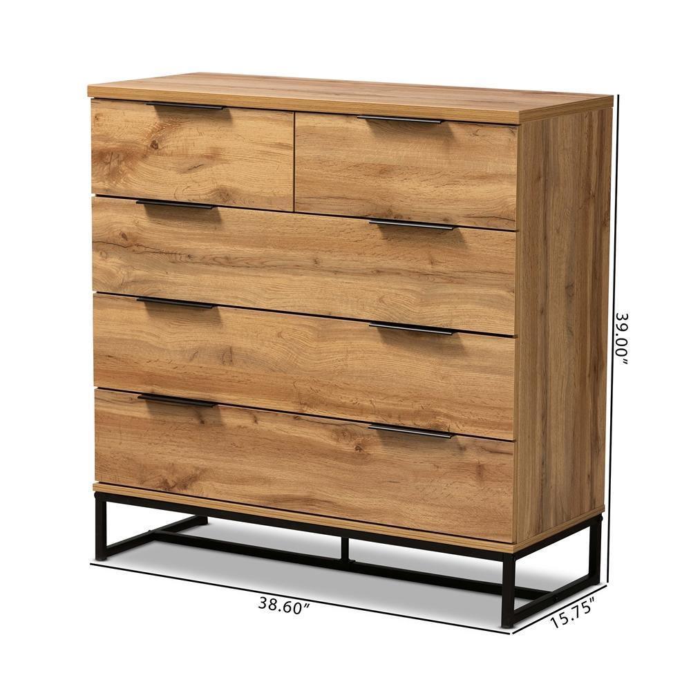 Franklin Modern and Contemporary Oak Finished Wood and Black Finished Metal 5-Drawer Bedroom Chest FredCo